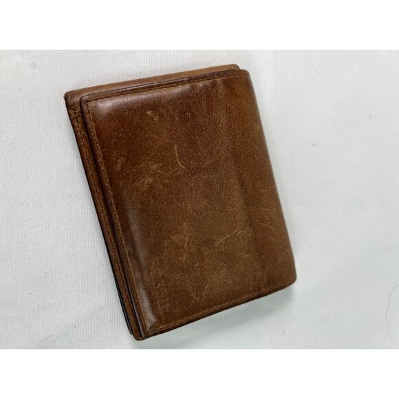 Fossil Men’s Leather Trifold Wallet Caramel Brown ID Window Billfold Credit Card - Picture 1 of 5